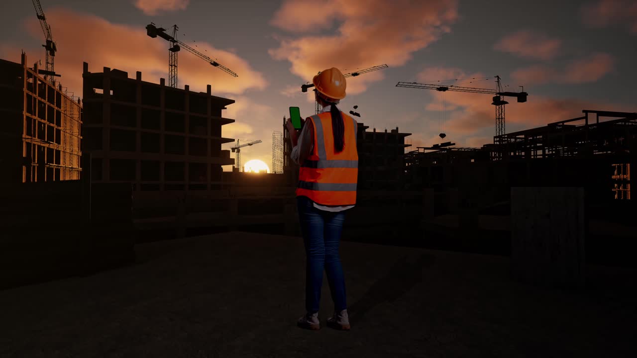 Full Body Back View Of Asian Female Engineer With Safety Helmet Working On A Green Screen Smartphone And Looking Around At Construction Site in Progress to New House