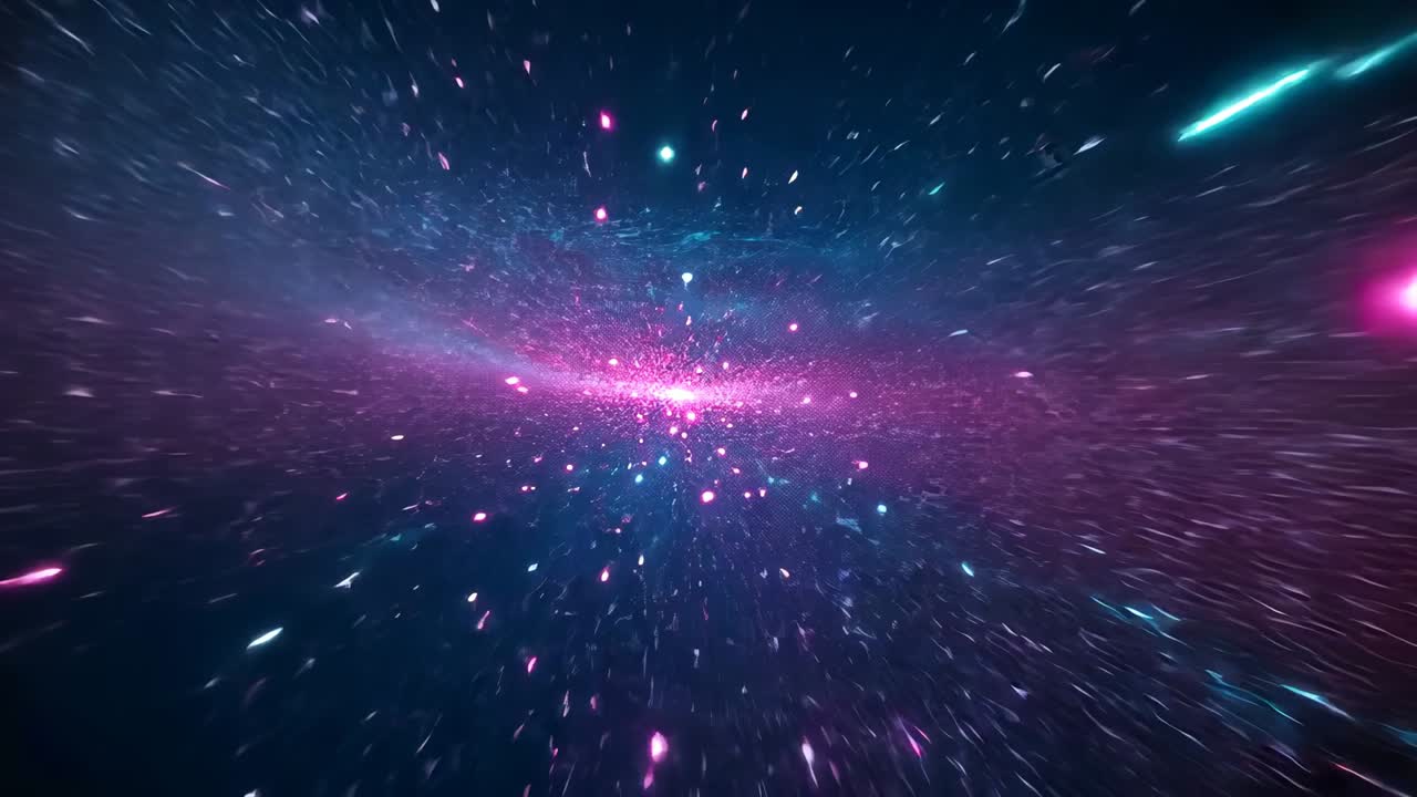 Coalescing cyan magenta swarm forming ribbon in space tunnel with glowing magenta orbs and streaks
