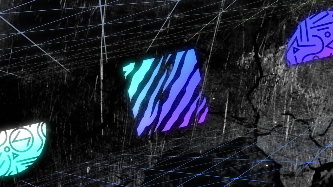 animación de formas de colores brillantes y patrones que se mueven sobre la lluvia y las sombras de los árboles en el cielo gris