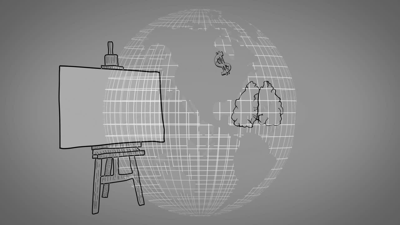Animation of abstract globe and creative doodles on easel in school setting