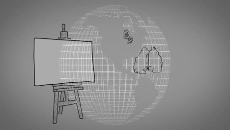 animation of abstract globe and creative doodles on easel in school setting