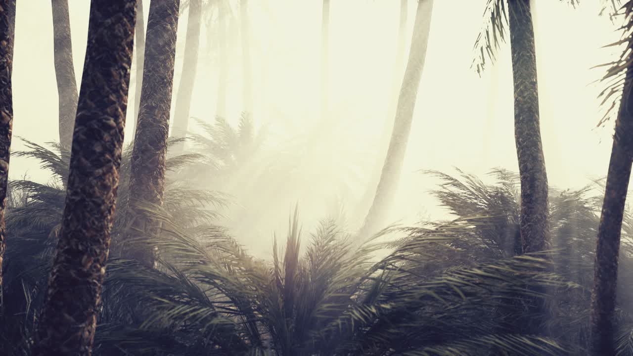 coconut palms in deep morning fog