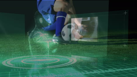 animation of human body model spinning over mid section of male soccer player making a tackle