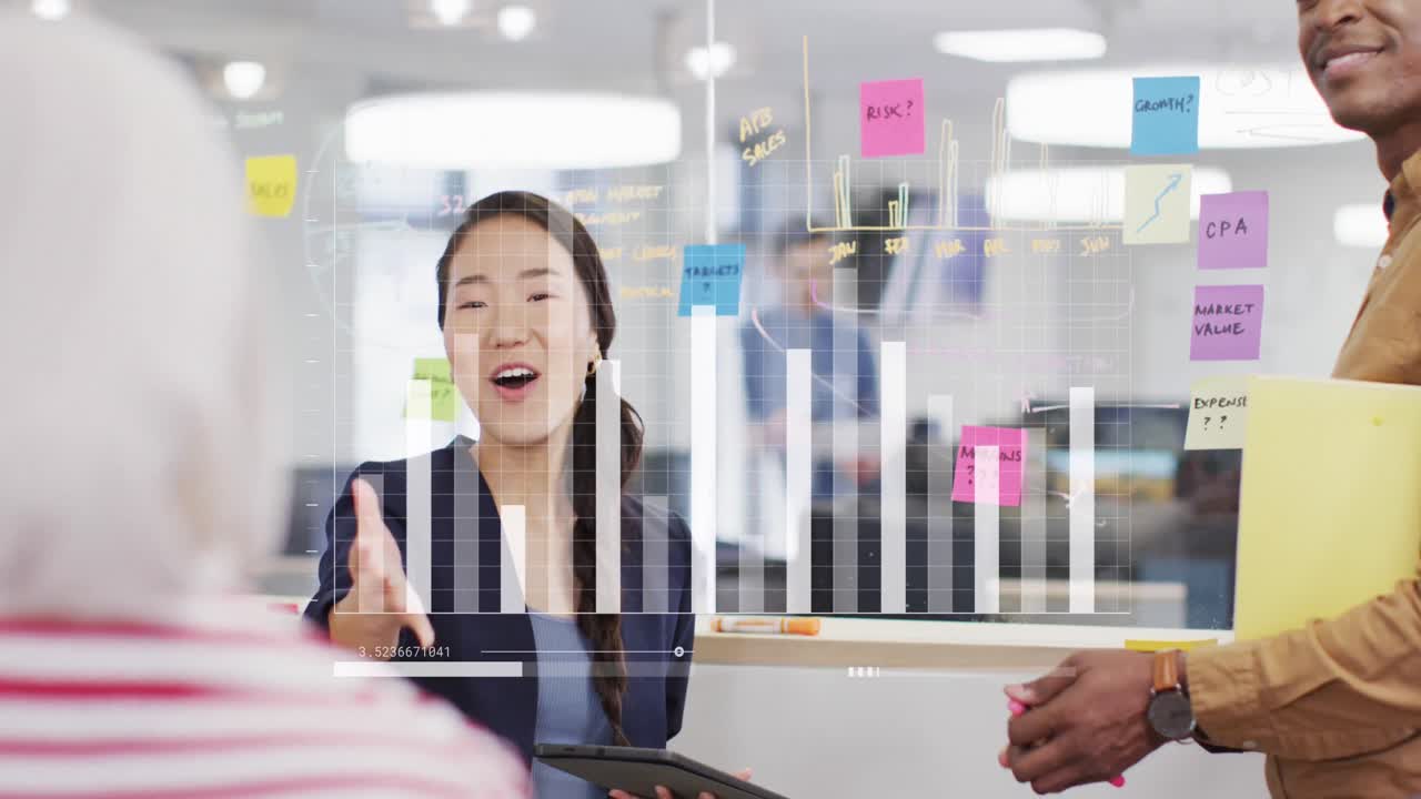 Animation of data processing over diverse business people in office