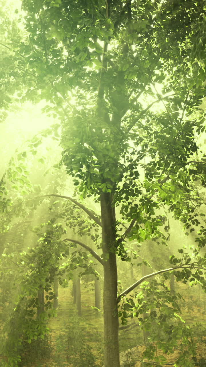 Sunlight filtering through lush green trees in a serene forest landscape