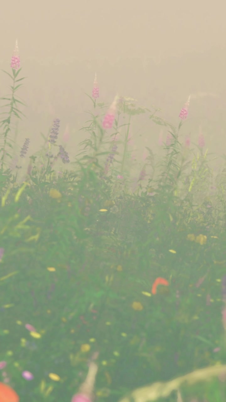 Névoa matinal deslumbrante envolve um prado vibrante de flores silvestres ao amanhecer