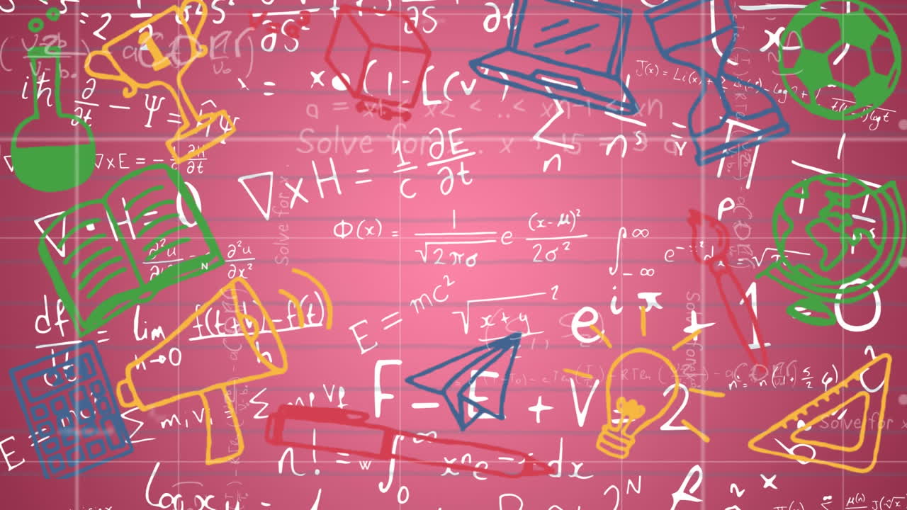 학교 개념 아이콘은 분홍색 배경에 수학적 기호와 방정식에 대한 그리드 네트워크를 통해