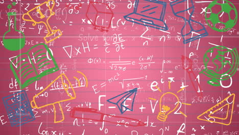 icone di concetti scolastici su rete di griglia contro simboli matematici ed equazioni su sfondo rosa