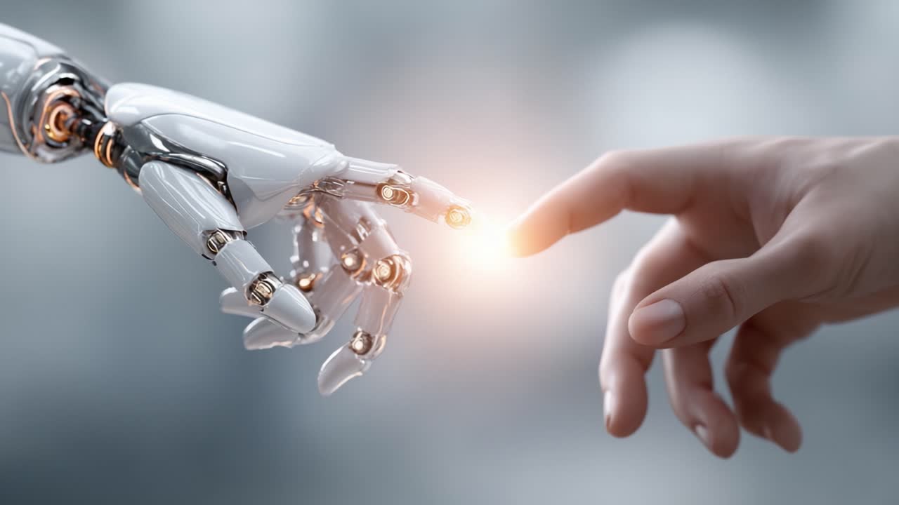 A cinematic depiction of the convergence between human touch and robotic innovation, illustrating the delicate connection formed through technology and emotion in a futuristic setting