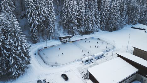 outdoor ice hockey rink isolated in winter forest pine trees, aerial view