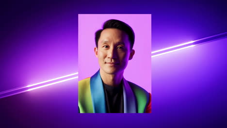 portrait of a man in a colorful rainbow jacket against a vibrant purple neon background