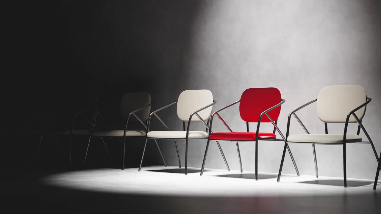 Spotlight on a Red Chair in a Row of Empty Chairs
