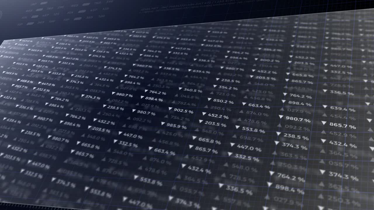 Stock financial market data, columns of numbers. Animated opening video 3D.