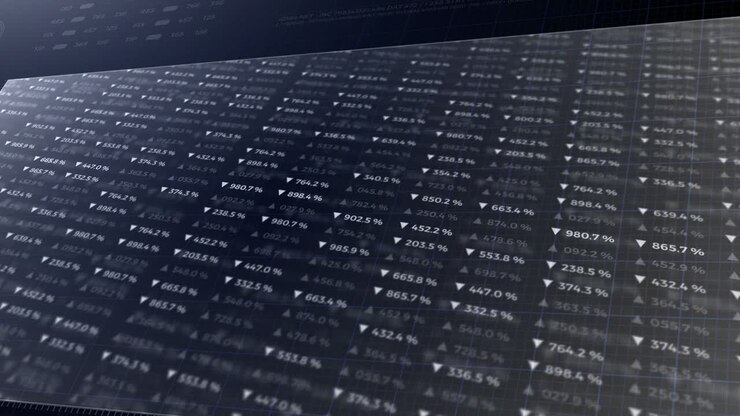 Dati del mercato finanziario azionario, colonne di numeri. Video di apertura animato in 3D
