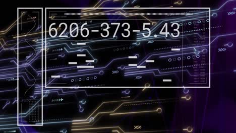 animation of line graph, changing number and loading bar over circuit board pattern