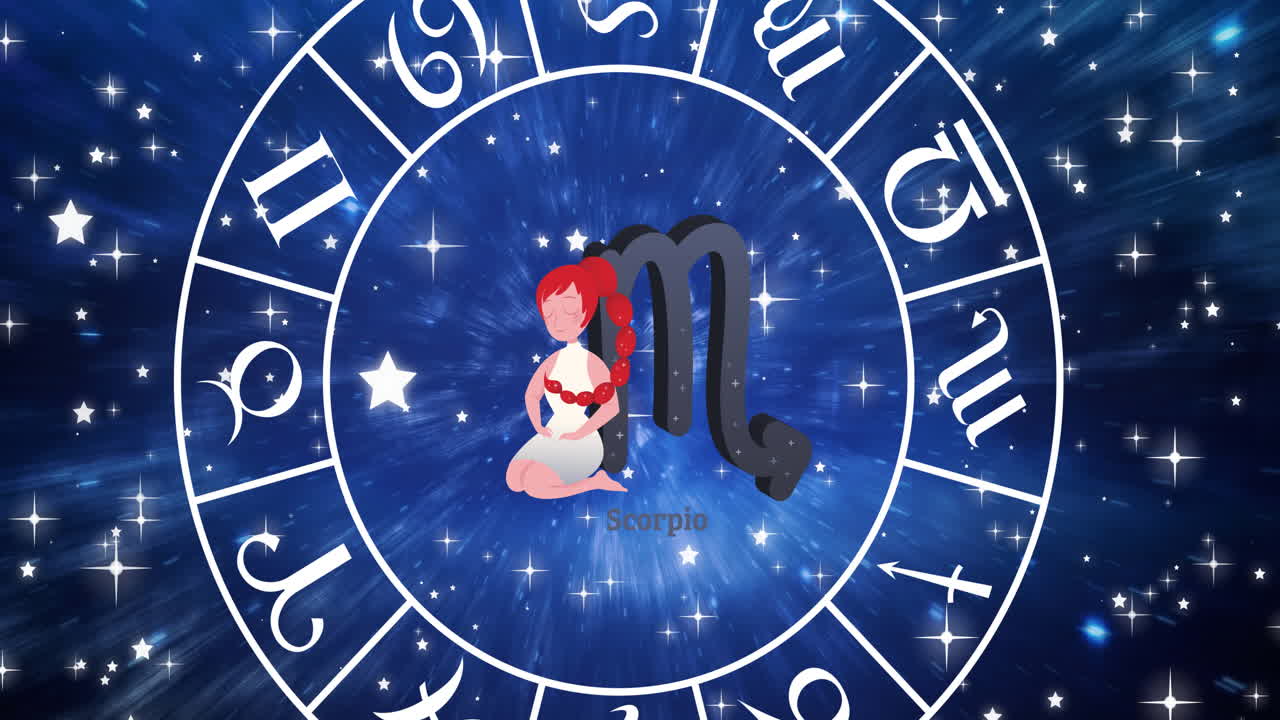 animación del signo estelar de escorpio dentro de la rueda giratoria de los signos del zodiaco sobre las estrellas en el cielo azul