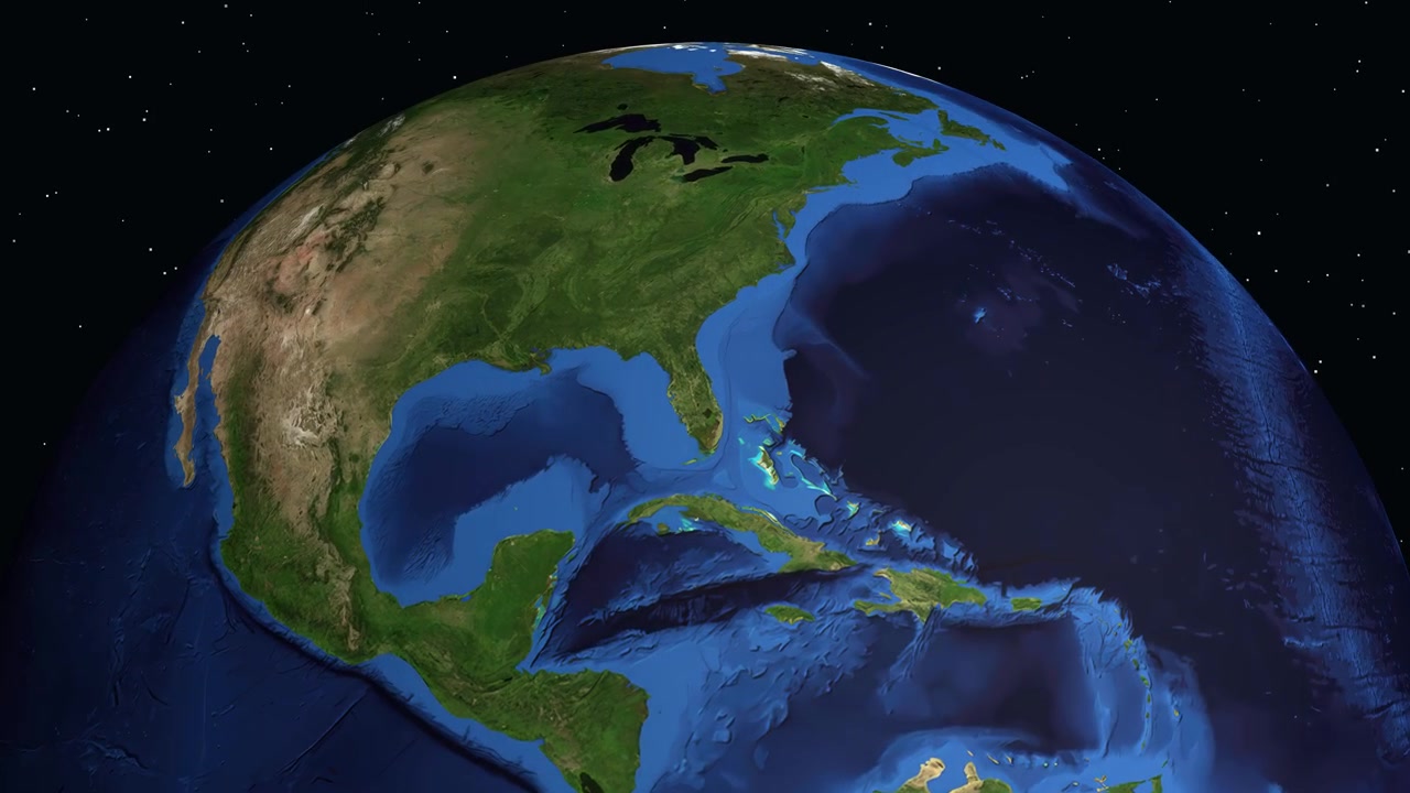 Un'animazione digitale ingrandisce dallo spazio profondo verso la Terra, individuando Tampa, Florida con testo.