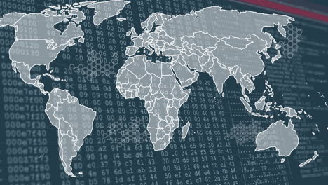 world map and binary code, global data processing animation