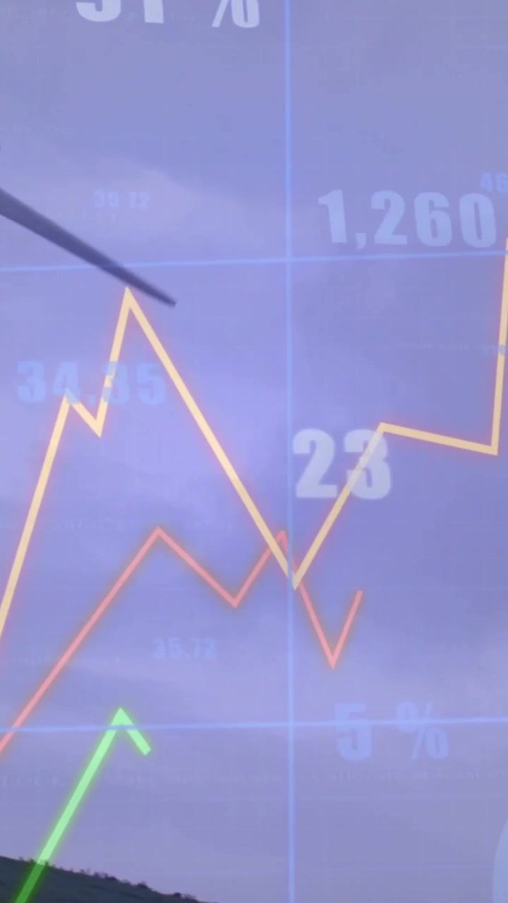 Circle chart appearing camera panning wind turbine growing spinning blades line charts showing data