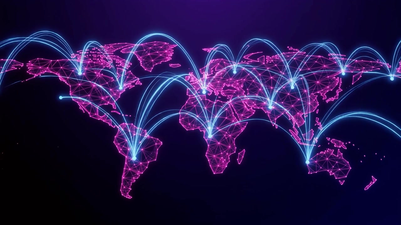 Digital World Map with Global Network Connections and Data Transfer