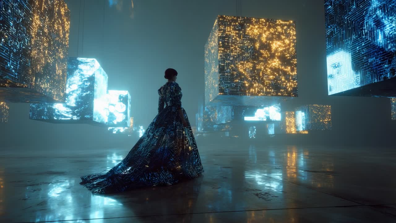 Futuristic Woman in Abstract Tech Landscape