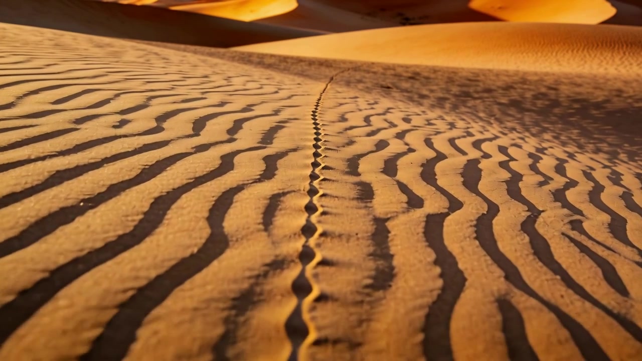 Telecamera in movimento che mostra una traccia lineare di fosse attraverso creste ondulate per rivelare dune distanti nel deserto