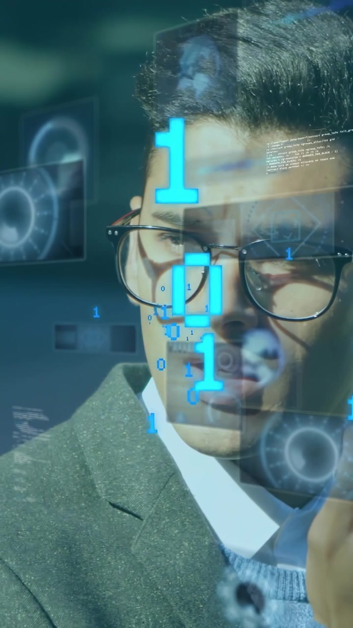 Vertical video: Man speaking, raising right hand, causing holograms and bits for tech data review