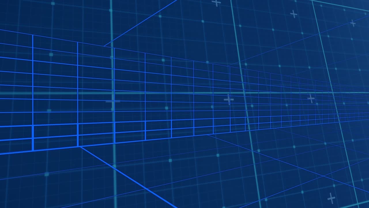 Digital animation of grid network with copy space on blue background