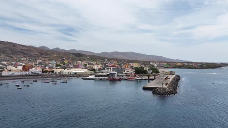 Aerial-View-of-Tarrafal-Port,-Santiago-Island,-Cape-Verde,-Drone-Shot