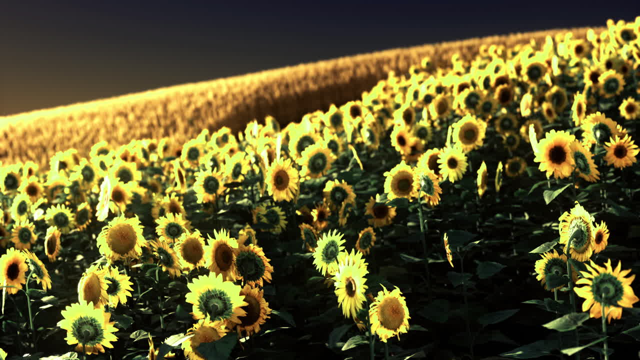 Vibrant field of sunflowers under a golden sunset glow