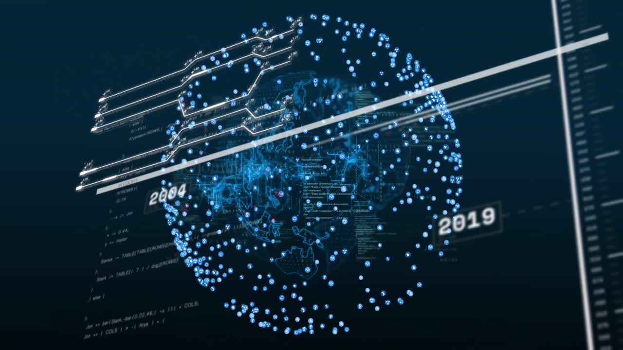 Animation of interface with data processing over spinning globe against blue background