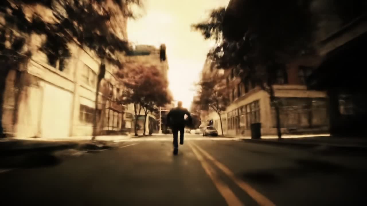 A solitary figure races down an empty street, framed by urban architecture and bathed in a golden sunset glow, evoking themes of urgency and isolation