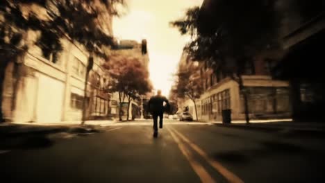 a solitary figure races down an empty street, framed by urban architecture and bathed in a golden sunset glow, evoking themes of urgency and isolation