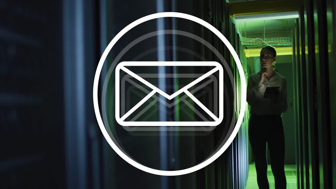 Animation of envelope icon caucasian thoughtful female engineer using digital tablet in server room