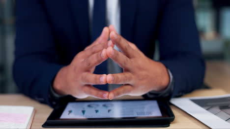 tableta, datos y manos de la persona de negocios