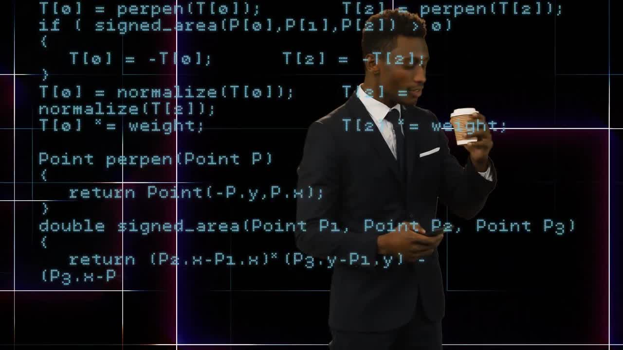 Businessman using a smart coffee while drinking coffee