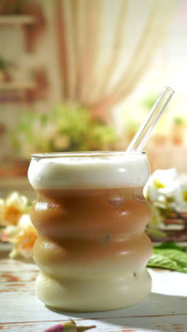 close-up of a hand lifting a curvy glass of iced coffee layered with oat milk foam and a hint of almond or dairy milk, straw in place on a sunlit kitchen counter perfect summer refreshment.