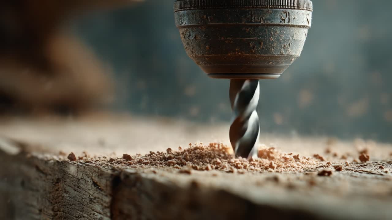 Dynamische Nahaufnahme eines Spiralbohrers in Aktion, der Holzspäne und Staub erzeugt, vor dem Hintergrund konzentrierter Handwerkskunst