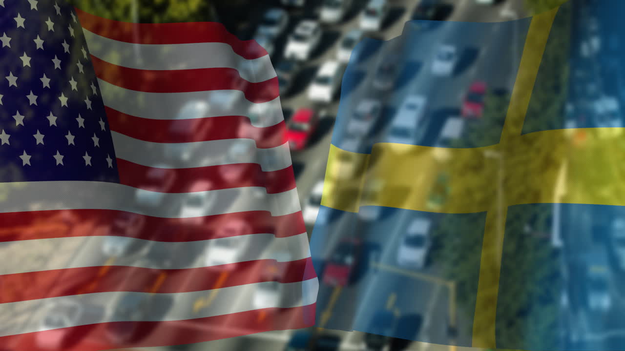Animating American and Swedish flags over busy traffic scene