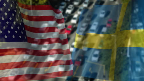 animating american and swedish flags over busy traffic scene