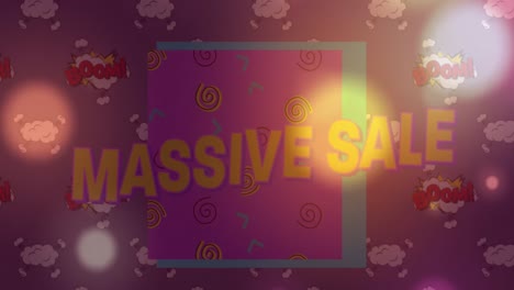 Massive-sale-text-banner-against-spots-of-light-and-multiple-boom-text-banners-on-purple-background
