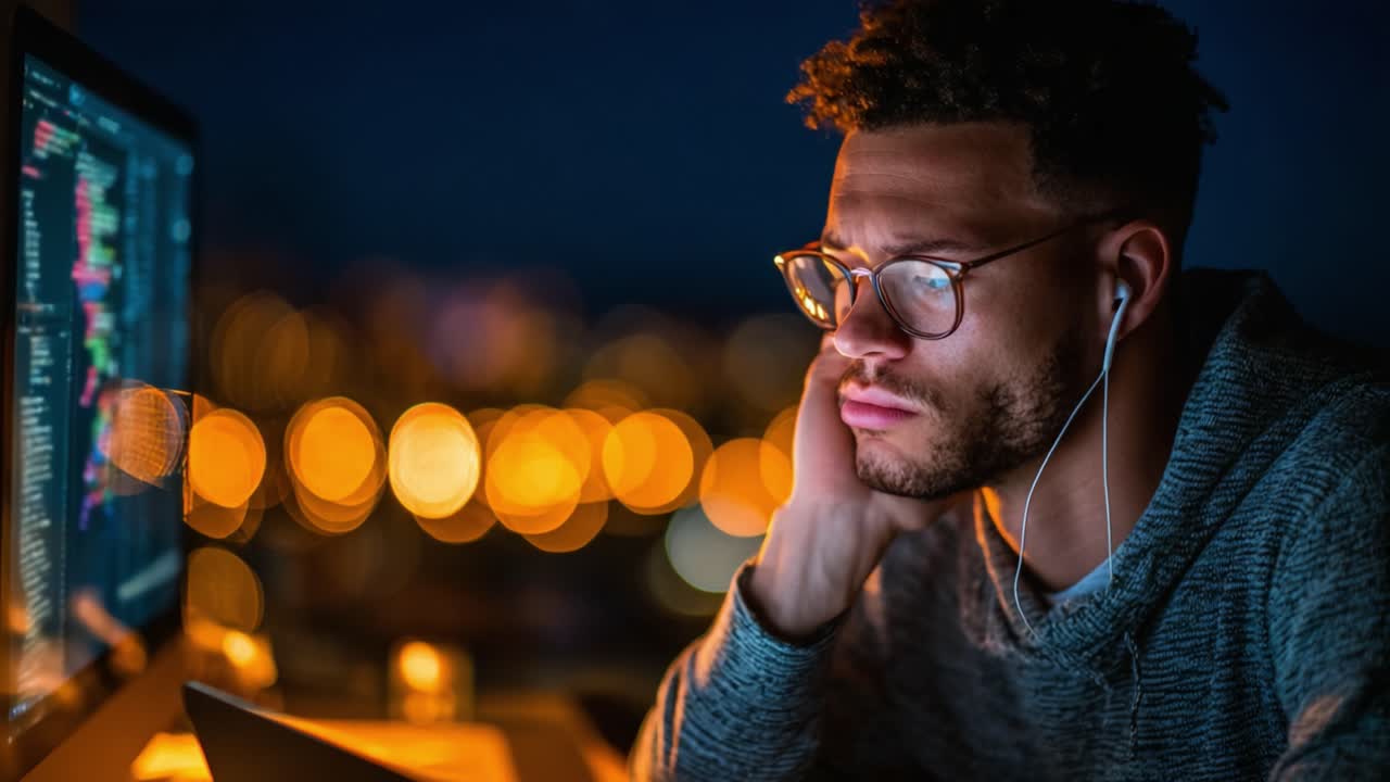A focused individual immersed in coding late at night, surrounded by a captivating blur of city lights, highlighting concentration and the modern tech lifestyle