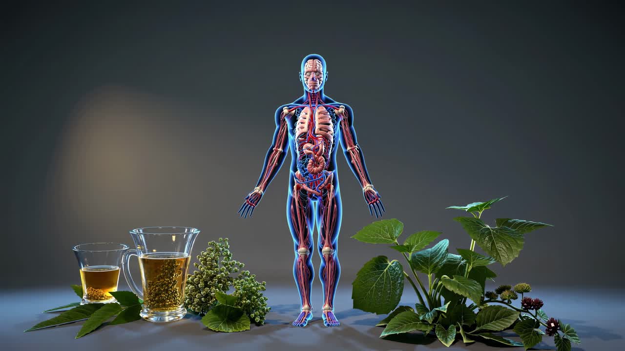 anatomía humana con té de hierbas y plantas