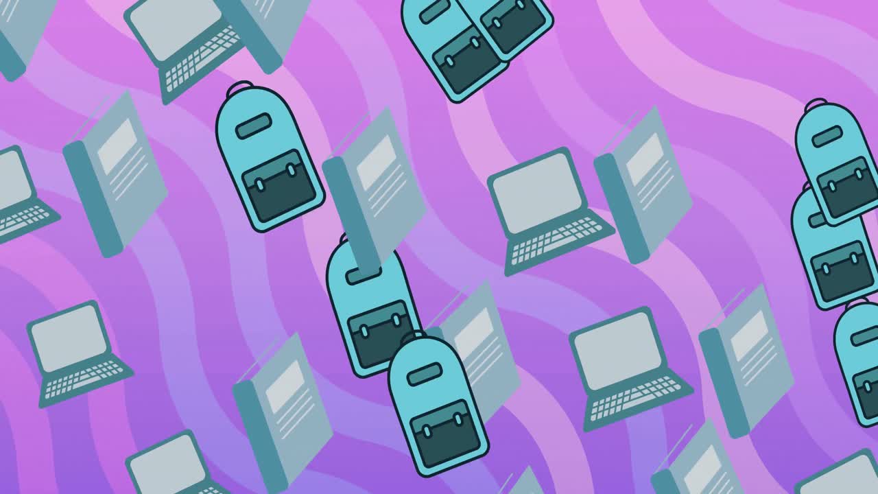 Animation of schoolbags, books and laptops floating over purple wavy lines