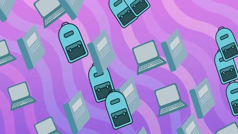 animación de mochilas, libros y computadoras portátiles flotando sobre líneas onduladas púrpuras
