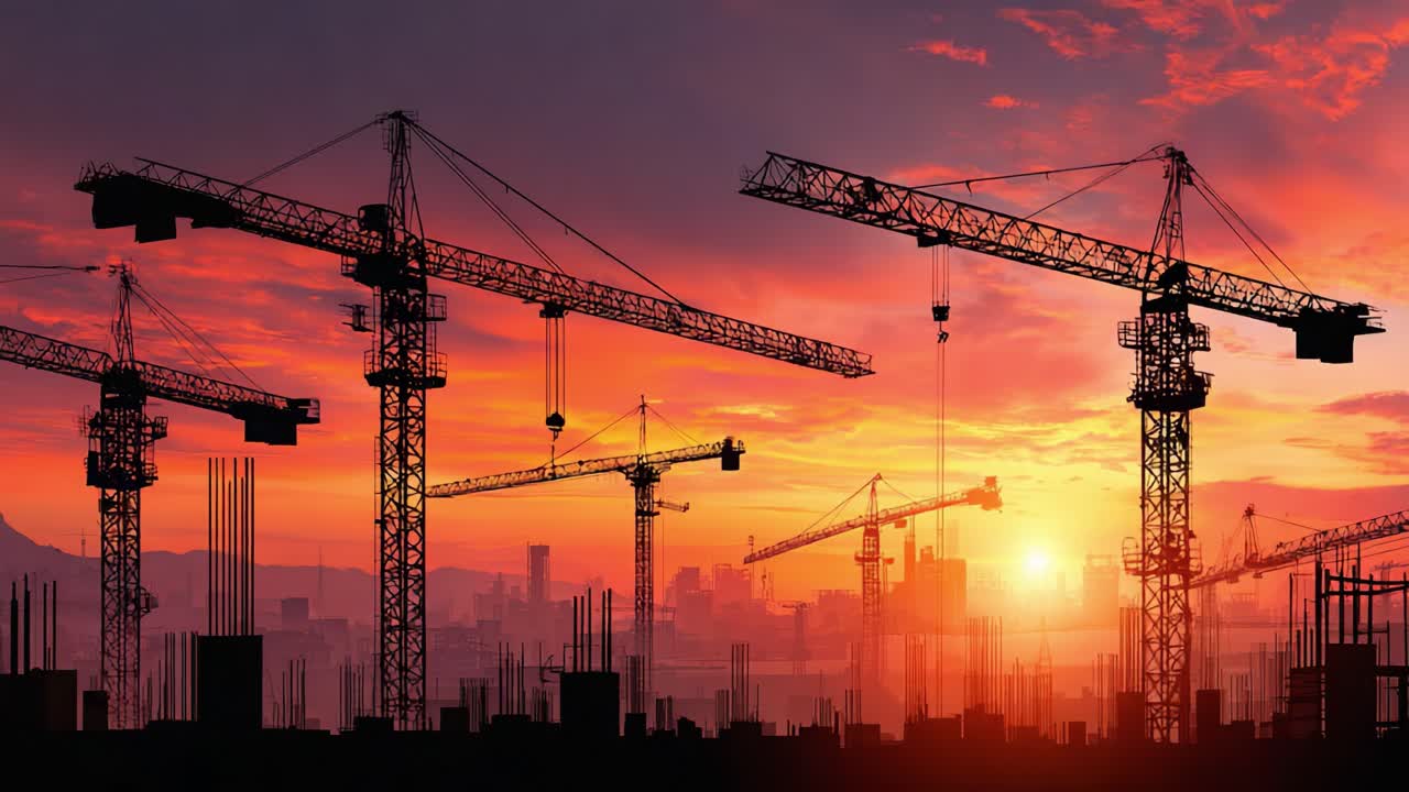 Silhouetted Cranes at Dusk: A Captivating Sunset Over a Construction Site, Illuminating the Busy Skyline with Shades of Orange and Purple