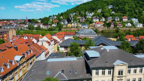 4k aerial drone video of historic homes and churches along the neckar river in heidelberg, germany