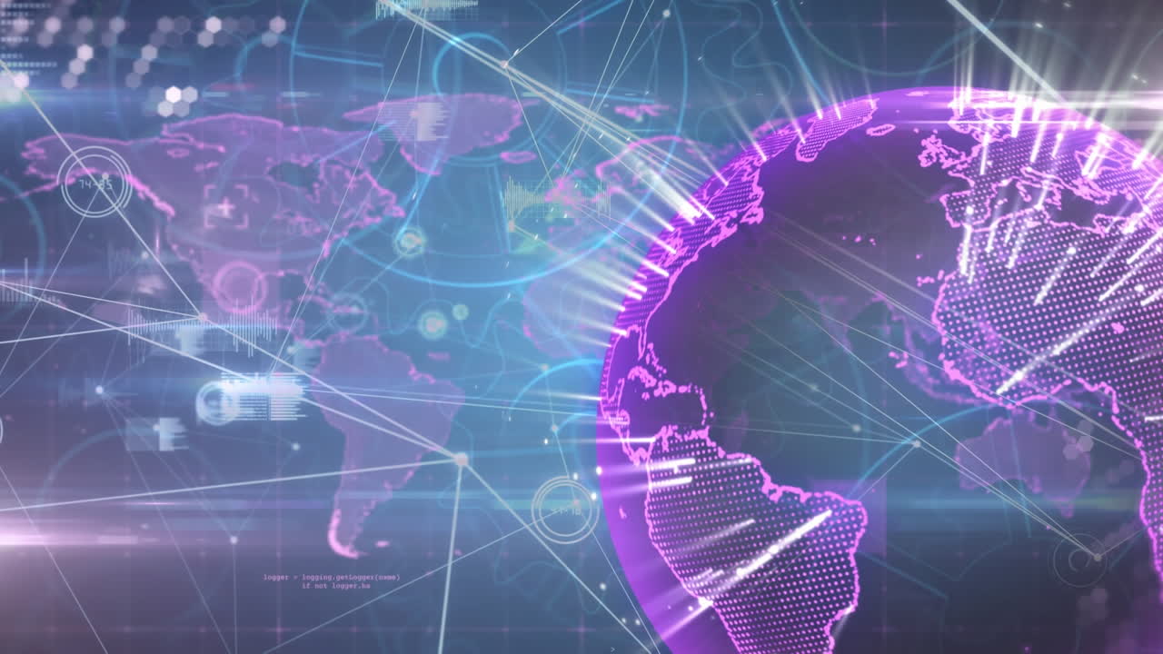 animación de rastros de luz sobre un globo giratorio contra una red de conexiones y procesamiento de datos.