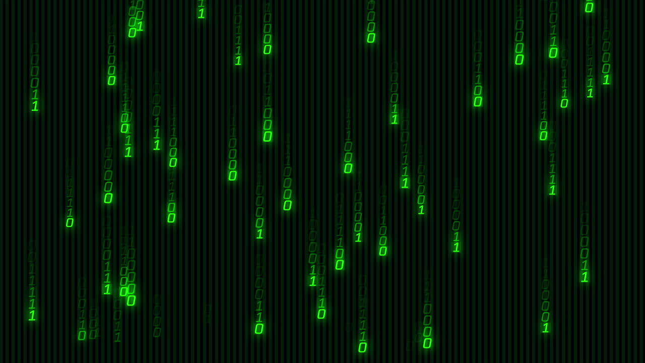 Animation of green binary coding data processing over black background