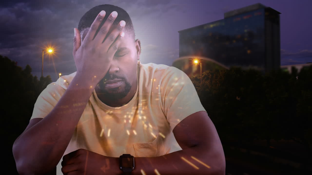 animación digital de un hombre tenso con la mano en la cara contra el fondo de la ciudad 4k